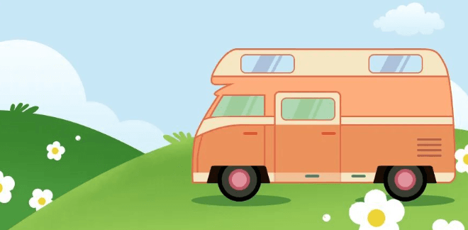 A cartoon-style orange camper van is parked on green rolling hills with white flowers under a blue sky with clouds.