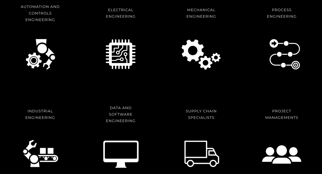 A grid of eight white icons on a black background, each with a text label, representing fields like engineering, data, supply chain, and project management.