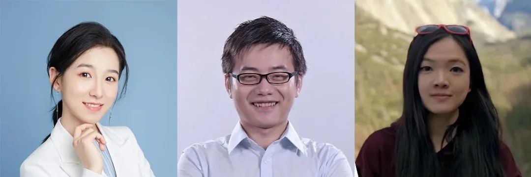 Three individuals: a woman in a white blazer, a man in glasses, and another woman with sunglasses on her head, smiling in separate portraits.