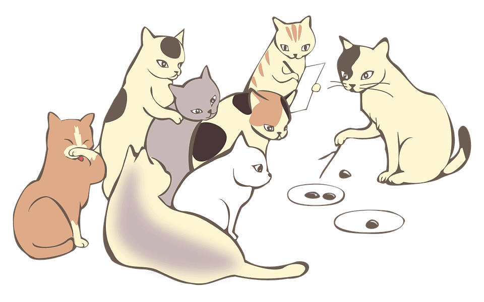 A group of cartoon cats, one pointing with a stick, another holding paper and pen, and one covering its face, gathered together.