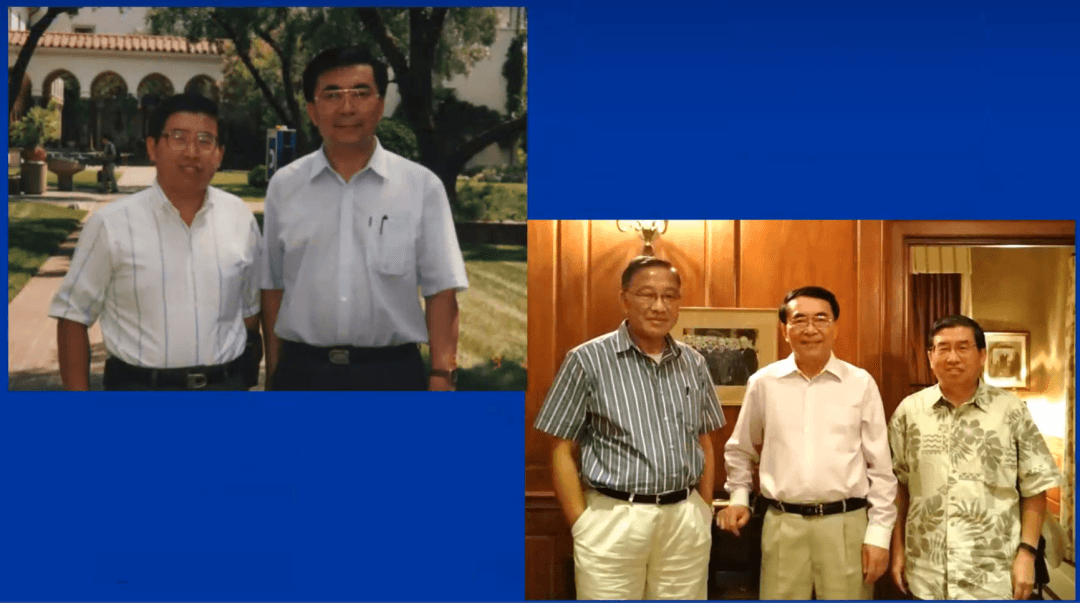 Two photos: two Asian men outdoors on the left, and three Asian men indoors on the right.