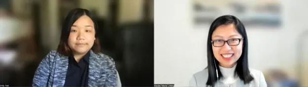 Two women in a split-screen video call. The woman on the left has a neutral expression, while the woman on the right smiles broadly, wearing glasses.