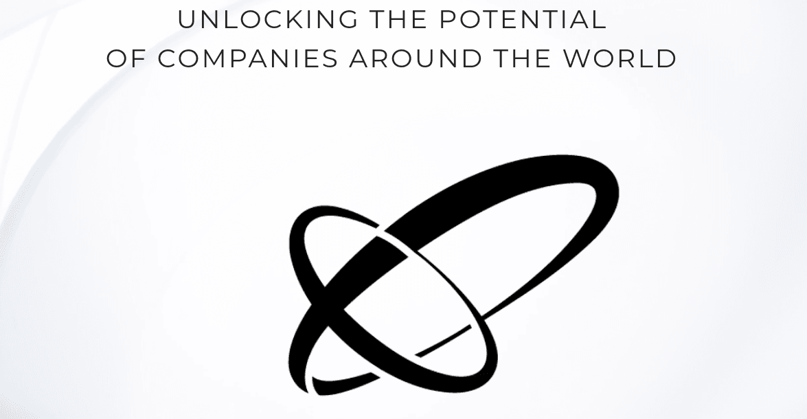 Black text "UNLOCKING THE POTENTIAL OF COMPANIES AROUND THE WORLD" above a black abstract logo of two intersecting ovals on a white background.
