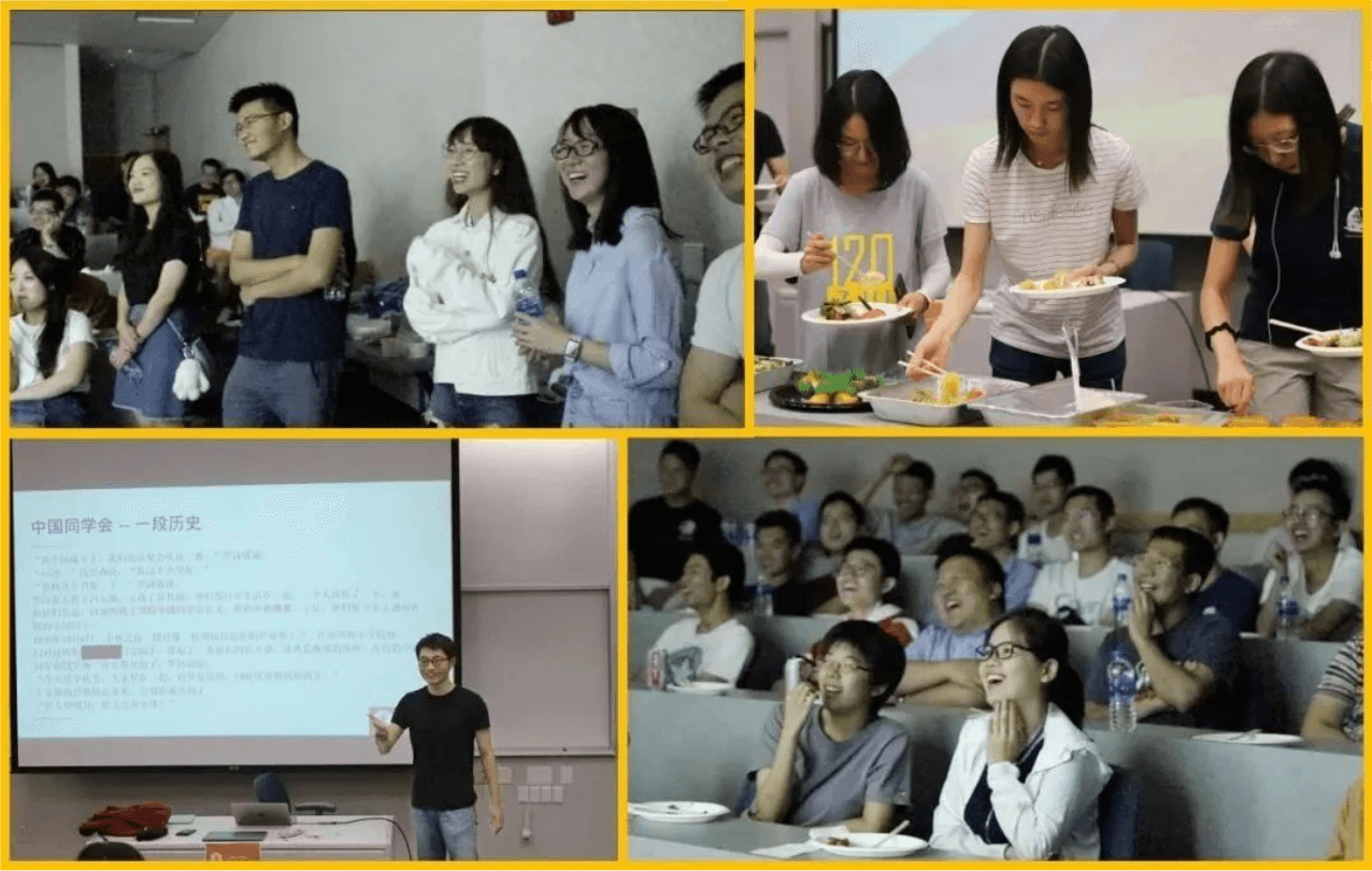 Collage of four photos: young adults laughing, serving food, a presenter with a "Chinese Association" history slide, and an audience.
