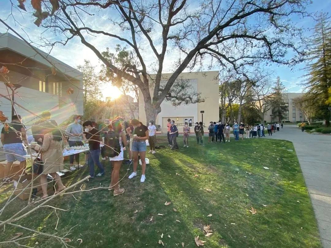 People gather outdoors on a grassy lawn, some queuing in a long line, others around a table, with buildings and a large tree under a bright sun.